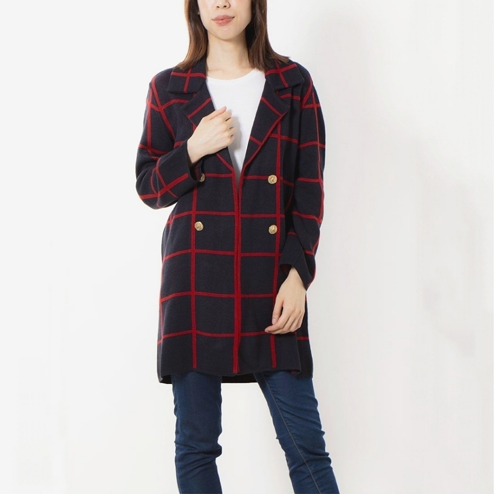 Anne Klein Windowpane Check Open Front Sweater Coat Cardigan Navy Deep Red sz L